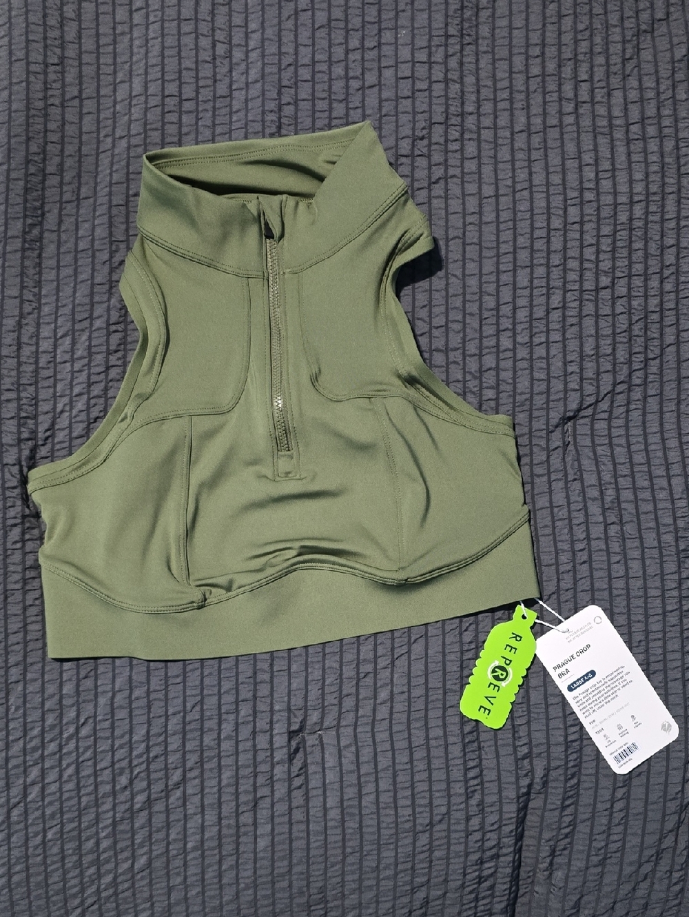 High-Neck Olive Green Zip-Front Sports Bra with Built-In Support